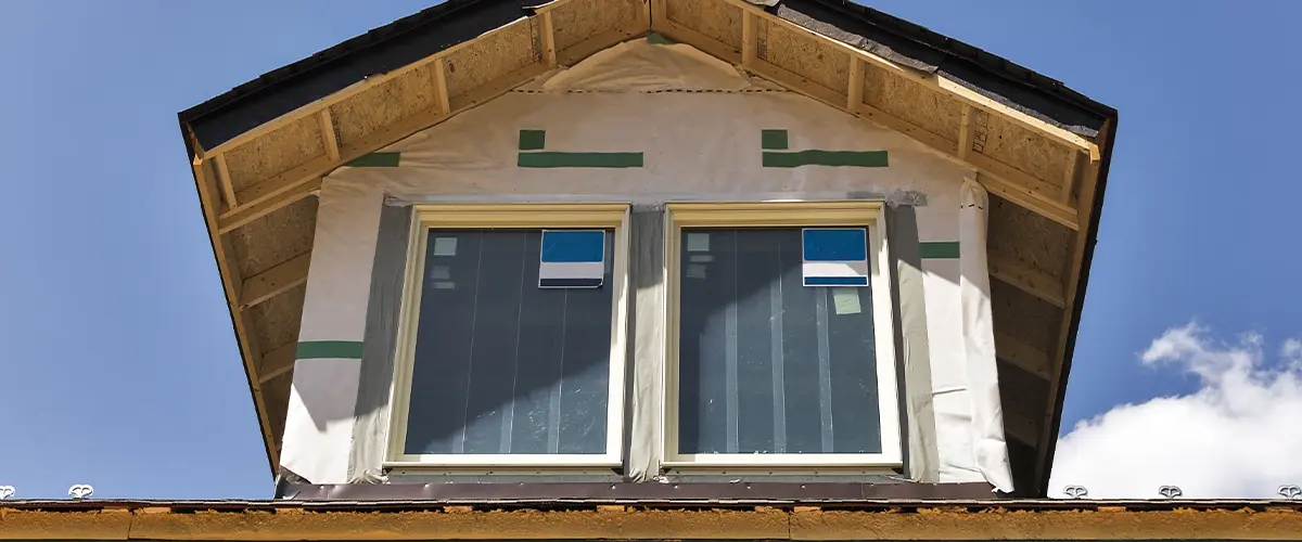 Two windows on the upper level of a home being remodeled