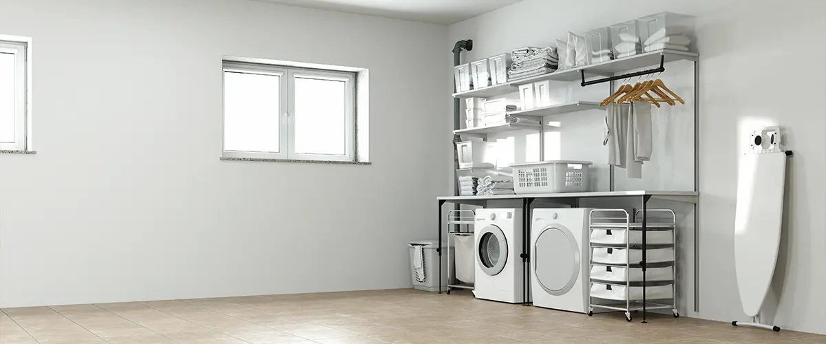 A laundry room in a basement