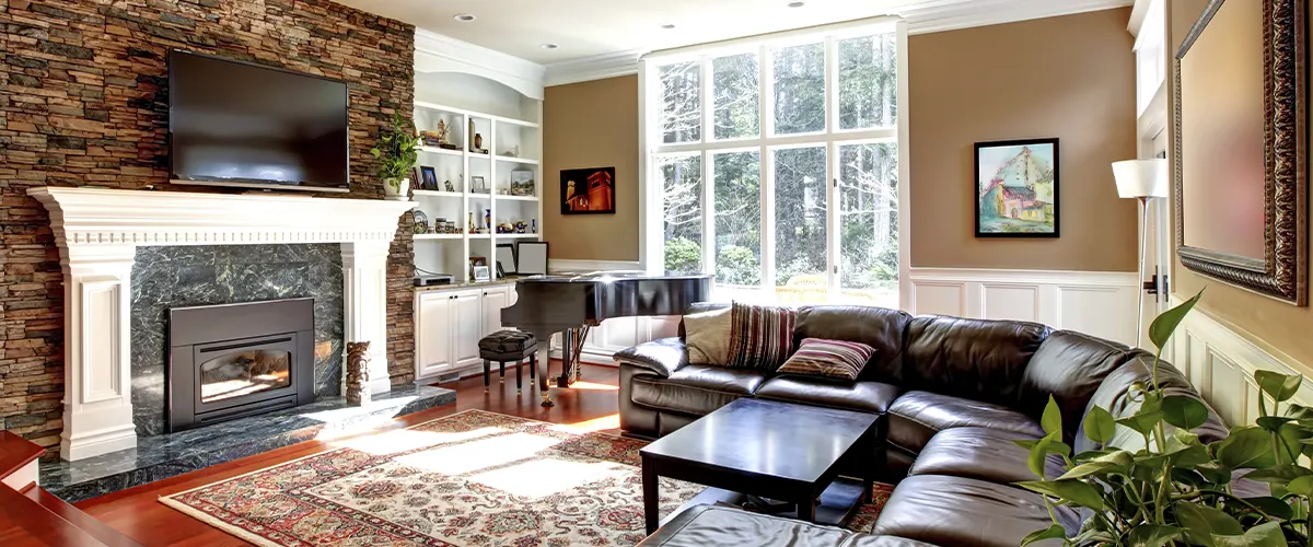 old school living room with leather couch