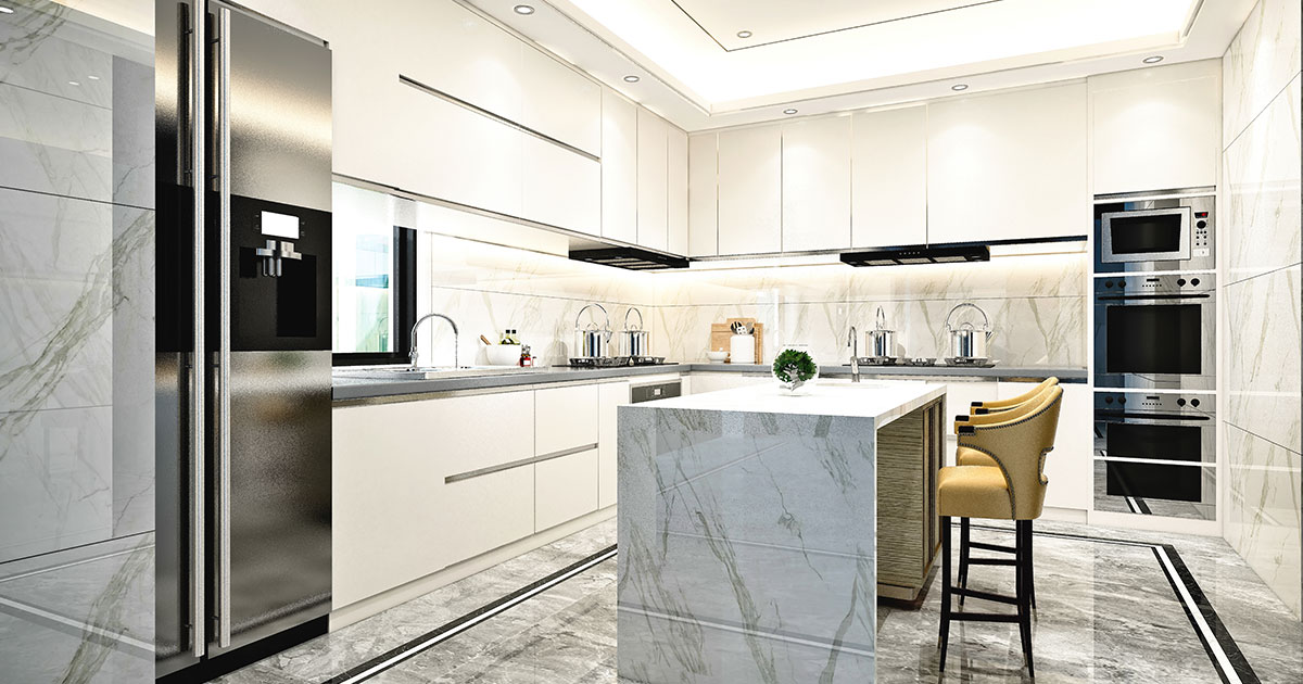 Modern white kitchen cabinets with kitchen cabinet features and a kitchen island