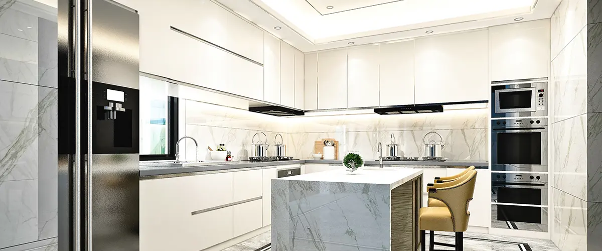 Modern white kitchen cabinets with kitchen cabinet features and a kitchen island