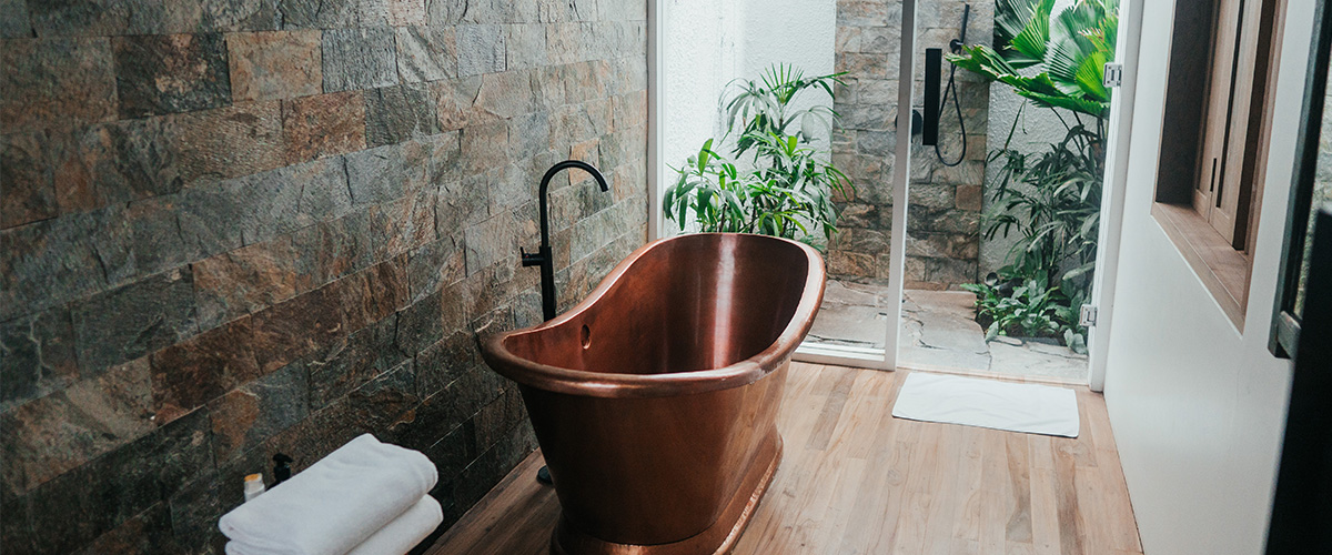 modern bath with copper tub