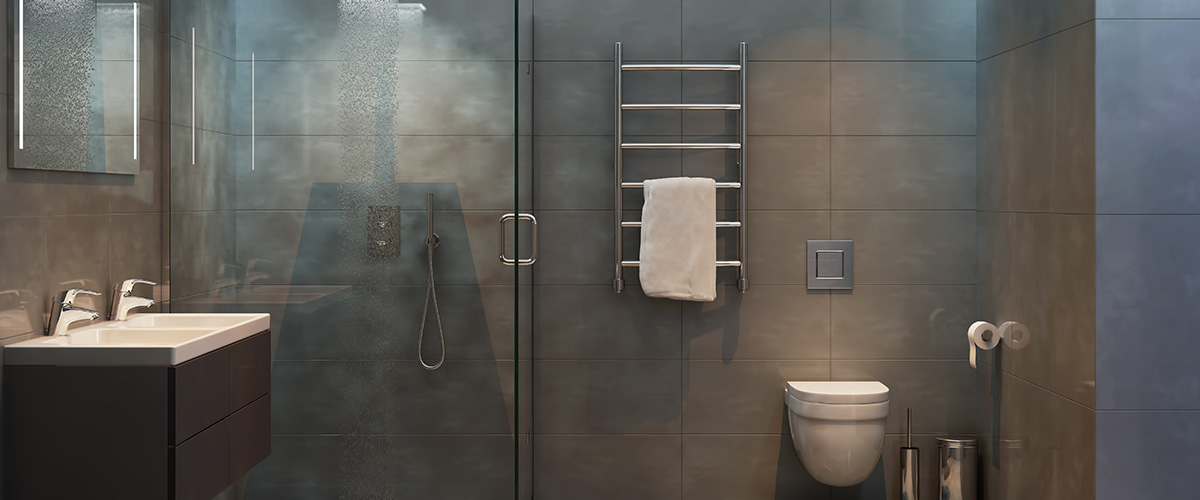 modern grey bath with walk-in shower