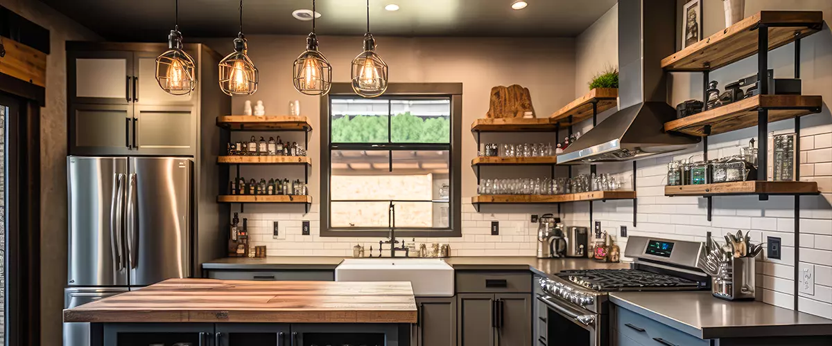 A trendy kitchen with concrete countertops, metal shelving, and Edison bulb light fixtures