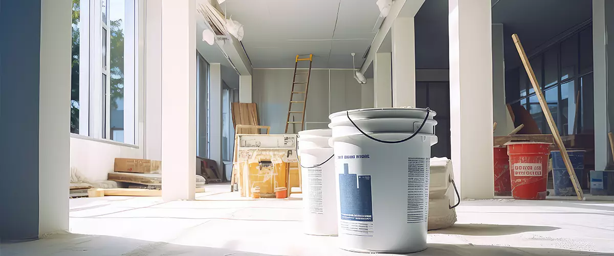 An empty, minimal white sunny room in which repairs are being made. Paint cans, stepladder, building supplies. Creative concept for residential and commercial renovations