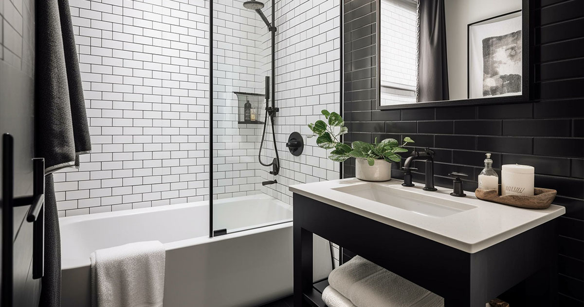 Bathroom Remodeling In Alhambra, CA white and black tile, one sink and bathtub
