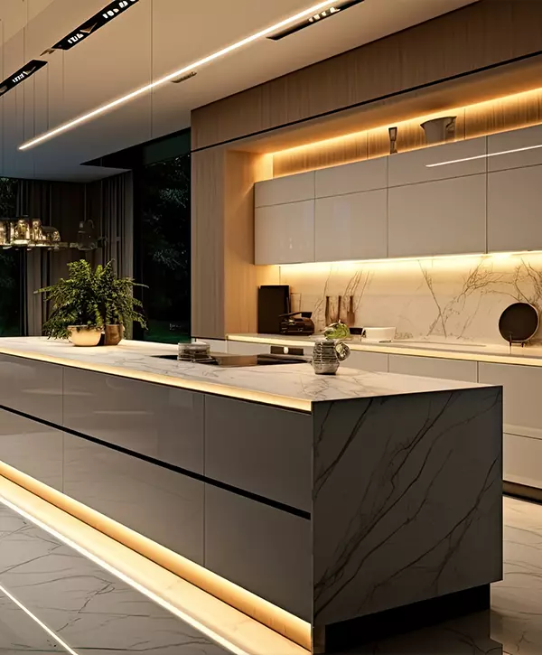 Modern minimalist kitchen, kitchen lighting, beige cabinets floor to ceiling, combined with walnut wood open cabinets with led lights, floating ceiling