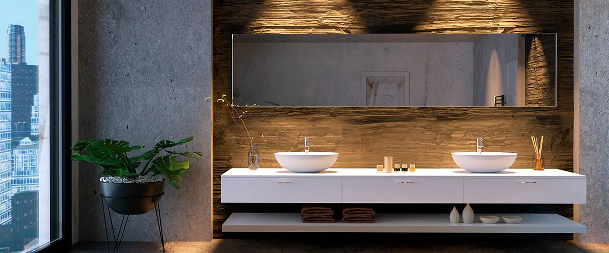 3D render of bathroom vanity with stone tiles.