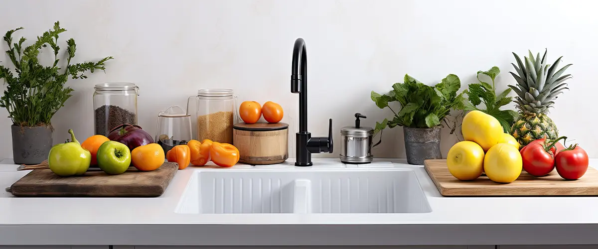 Kitchen island sink with black faucet and double basin sink adorned with fruit basket