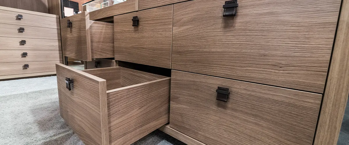 Wooden cabinet drawer box in bedrom luxury dressing room