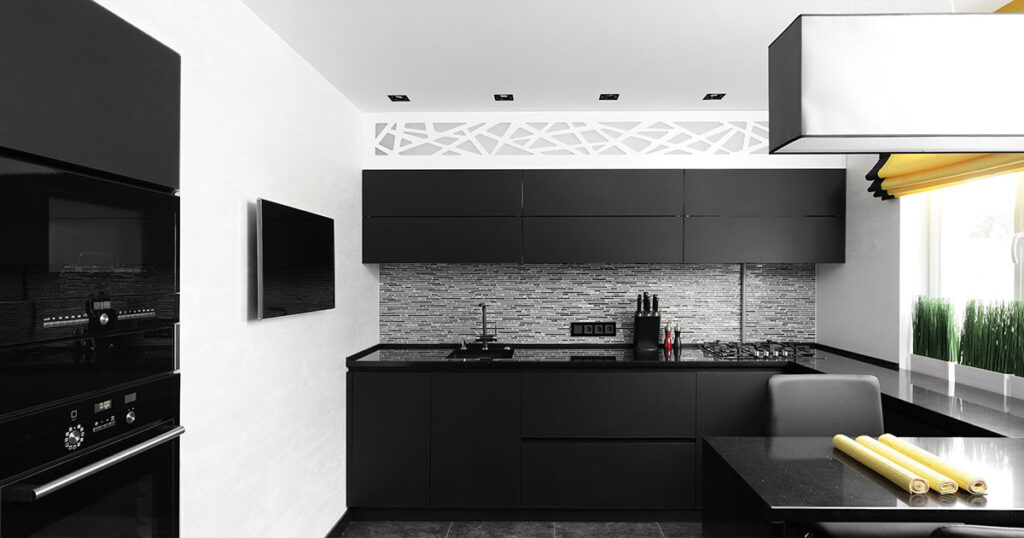 Modern kitchen interior with black Cupboard Vs Cabinet in Pasadena home.