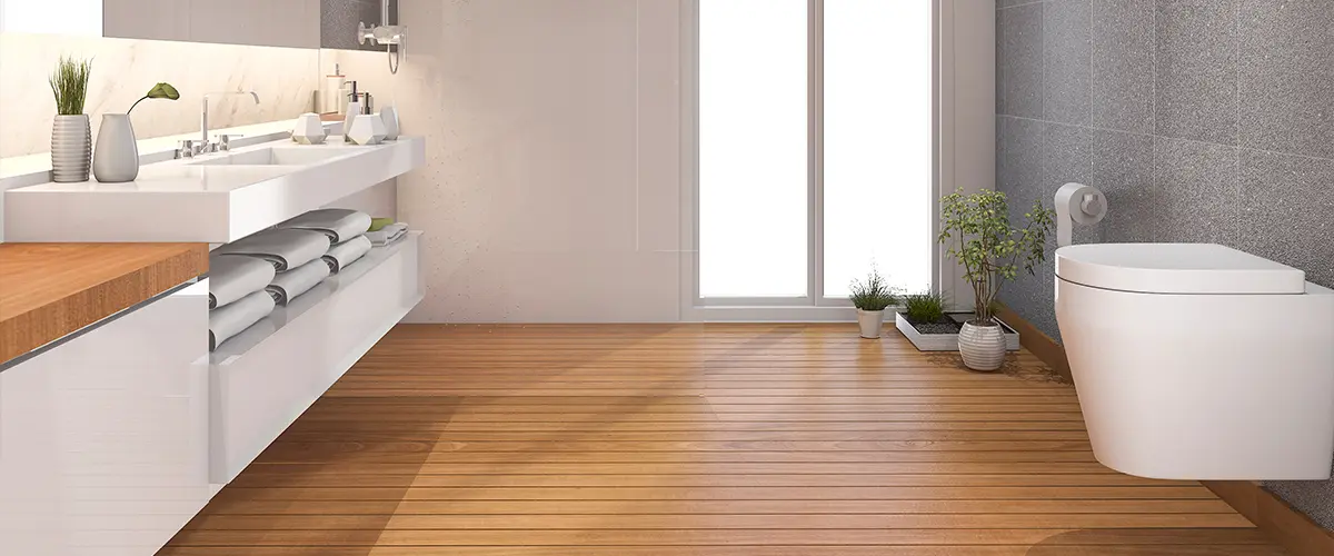 Modern wood bathroom and toilet near window