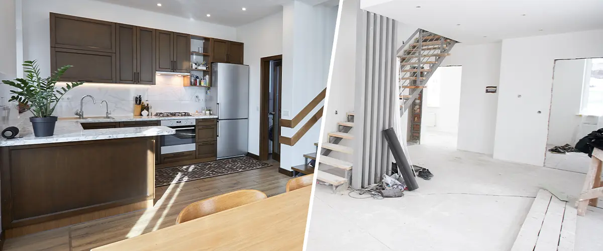 Modern kitchen with wooden cabinets and stainless steel appliances next to a staircase under renovation, showing a before-and-after home remodeling in Covina.