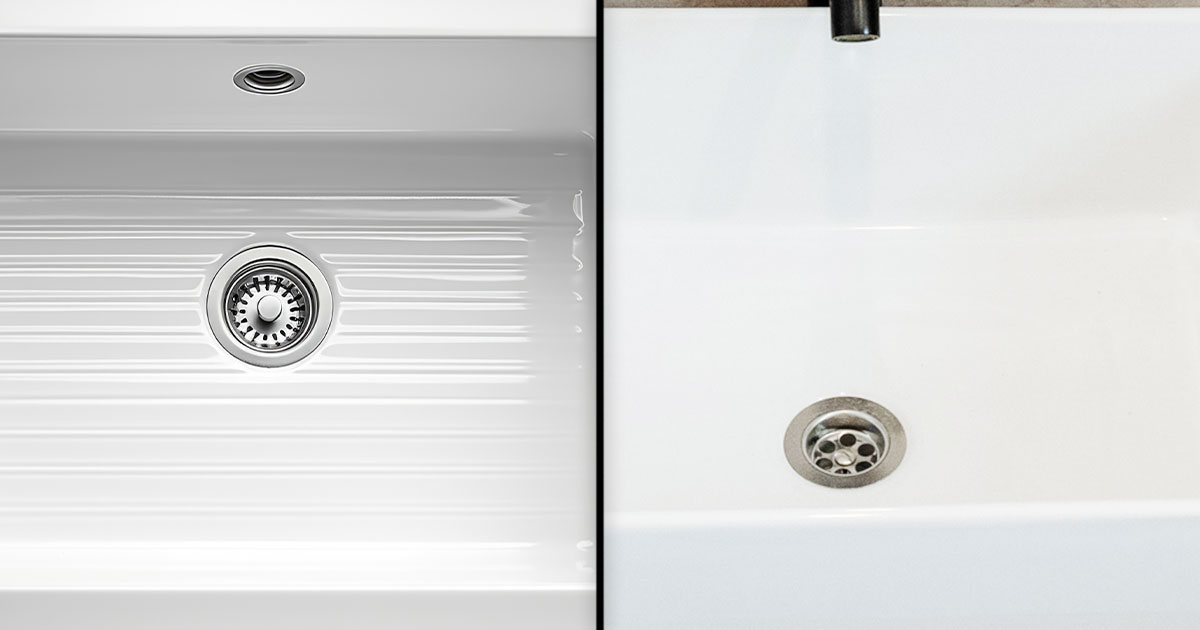 Side-by-side comparison of a vitreous china sink on the left and a porcelain sink on the right, showing the differences in texture and finish