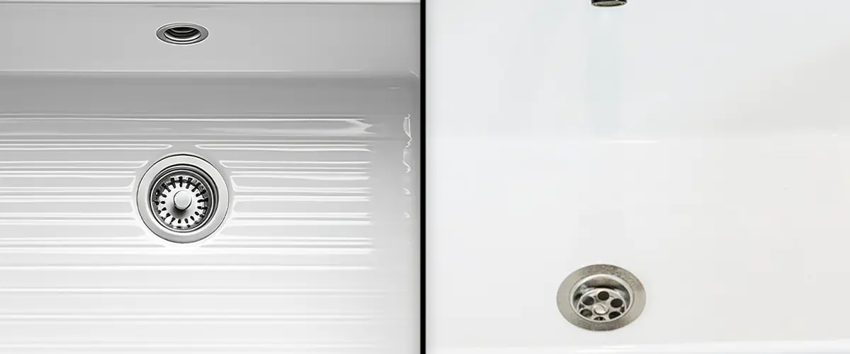 Side-by-side comparison of a vitreous china sink on the left and a porcelain sink on the right, showing the differences in texture and finish