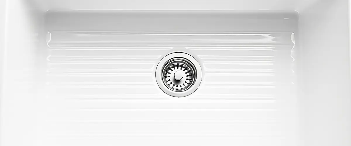 Close-up of a clean, white vitreous china sink with a centered drain