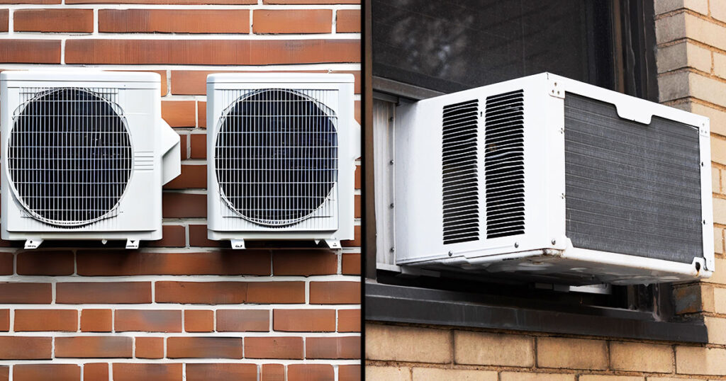 Side-by-side comparison of two outdoor air conditioning units mounted on a brick wall and a window-mounted air conditioning unit on a brick building