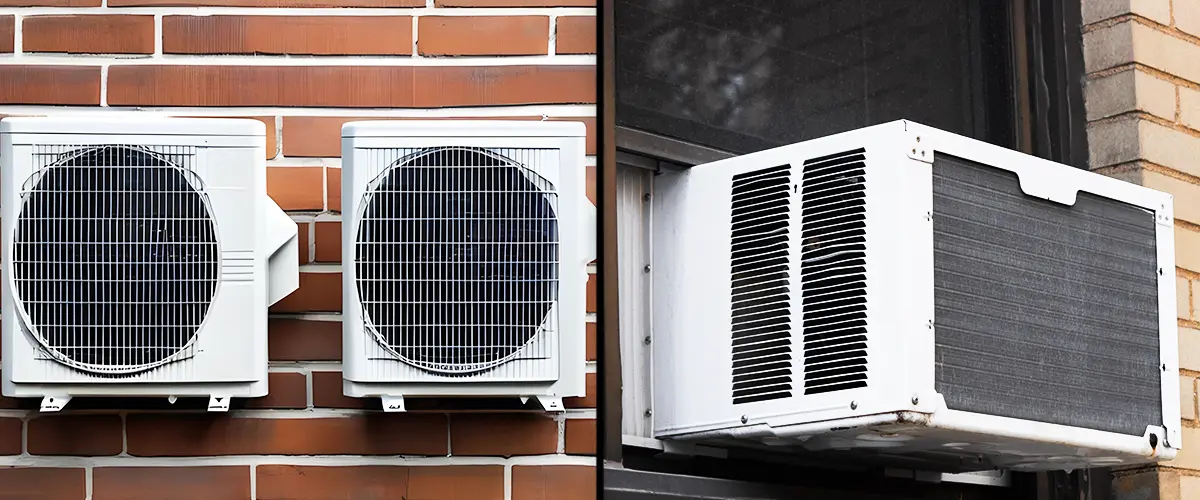 Side-by-side comparison of two outdoor air conditioning units mounted on a brick wall and a window-mounted air conditioning unit on a brick building