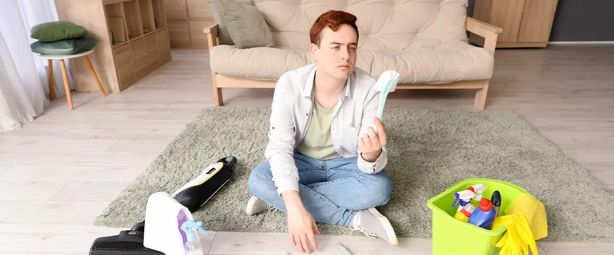 Man sitting on the floor surrounded by cleaning supplies, holding and inspecting a brush in a modern living room