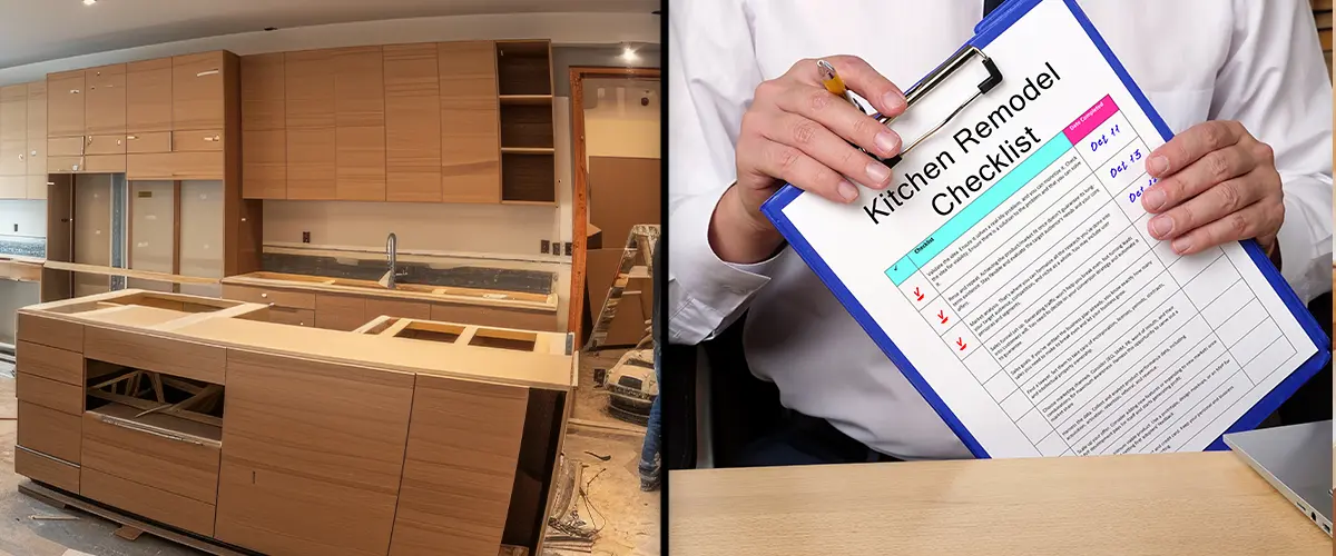 Split image showing a kitchen under renovation on the left and a person holding a 'Kitchen Remodel Checklist' clipboard on the right