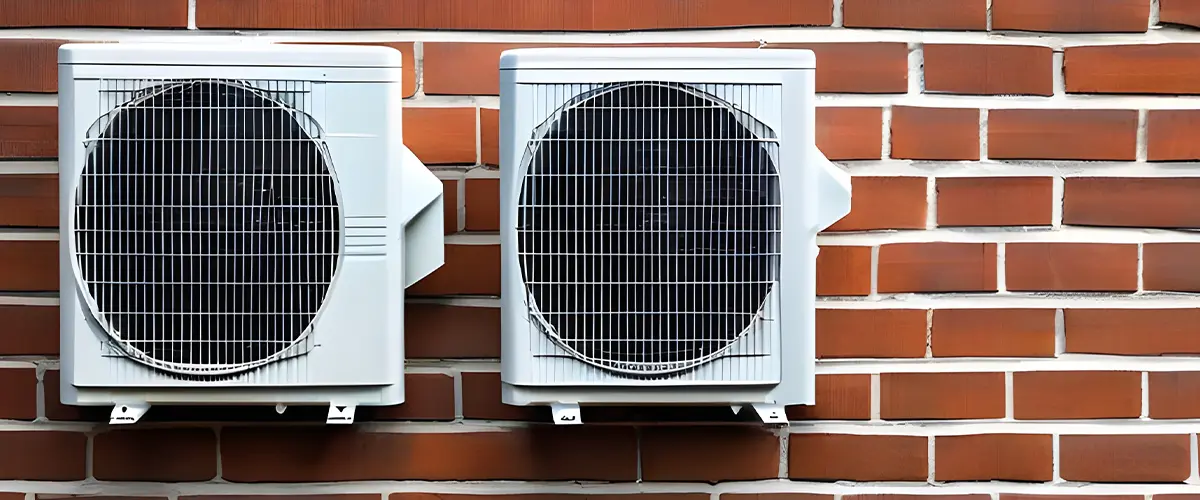 Two outdoor air conditioning units mounted on a red brick wall