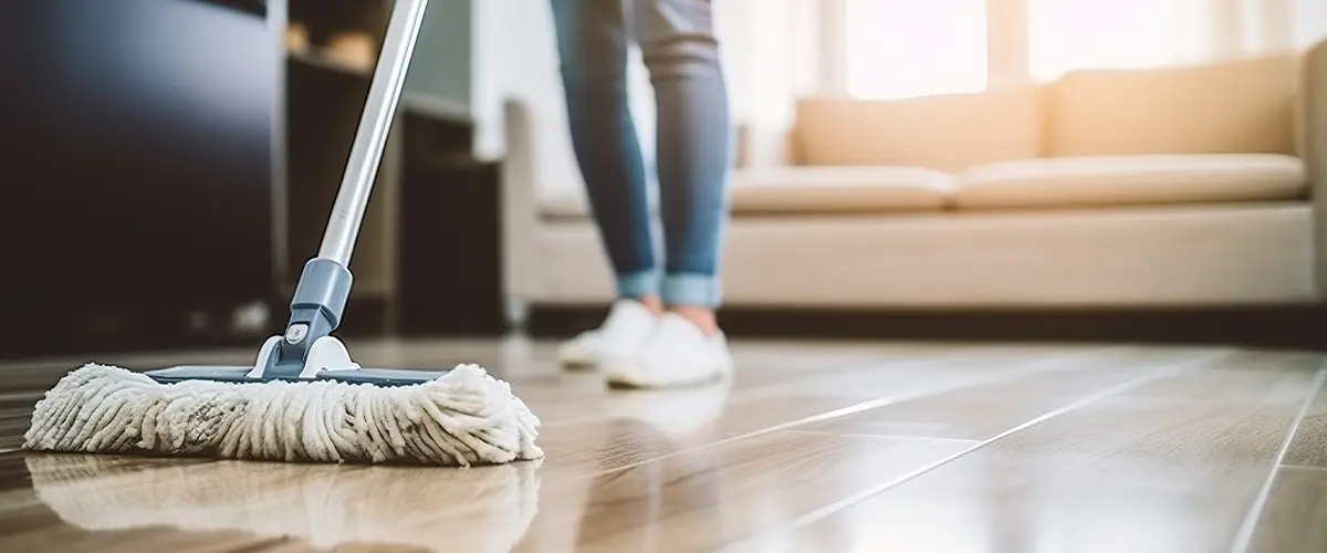 Person mopping a shiny wooden floor in a bright living room with a beige sofa in the background