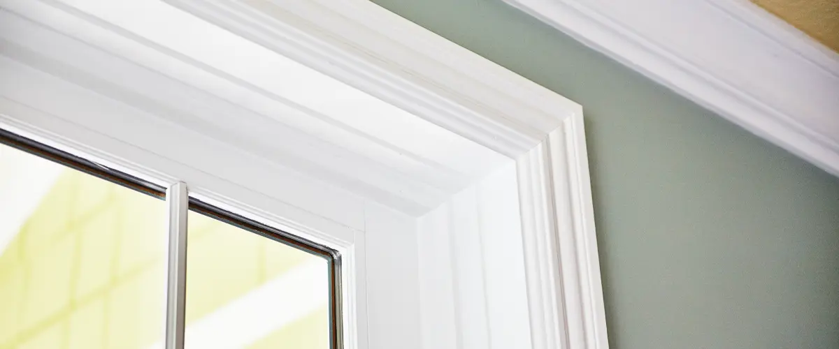 Close-up of a window frame with detailed white crown molding against a pale green wall