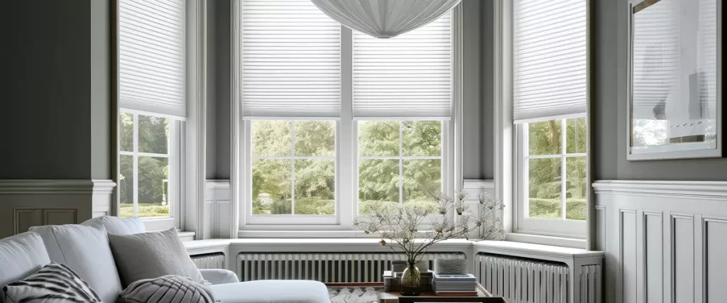 Extra large pleated blinds in white, featuring a 50mm fold, showcased in the window opening. Contemporary top down bottom up privacy shades for apartment windows