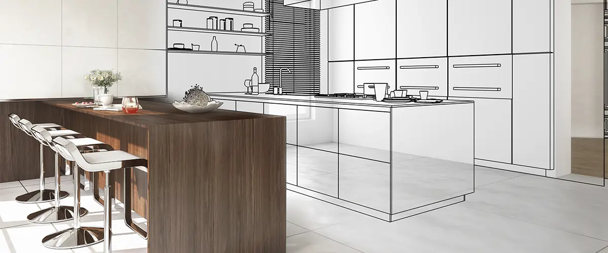 Kitchen design blueprint overlaid on a modern kitchen layout with island and bar stools.