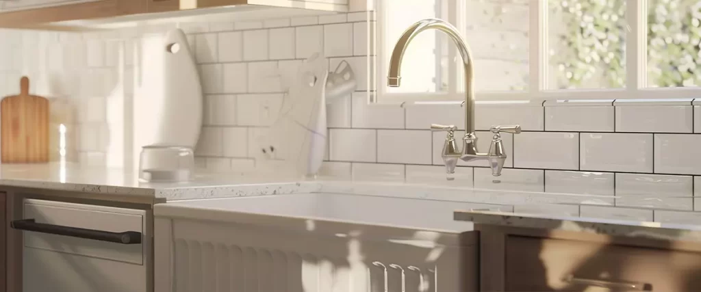 Modern farmhouse kitchen, close-up on apron sink and classic white subway tiles, bright morning light