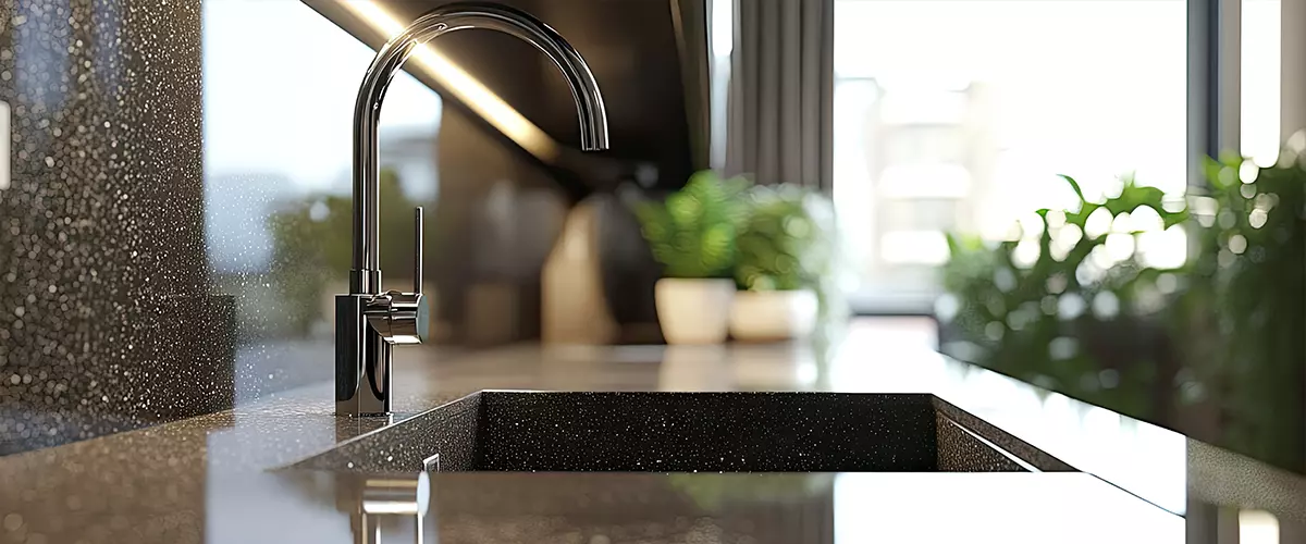 Sleek undermount kitchen sink with a touchless faucet, integrated into a polished granite countertop with a modern design.