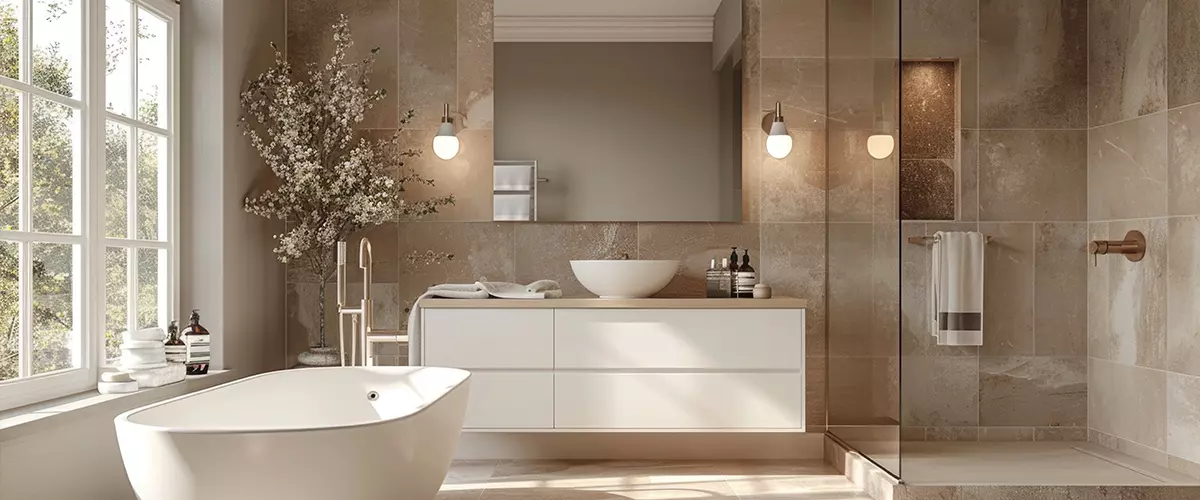 Sophisticated Taupe Bathroom, White Vanity, Stone Tile Floor