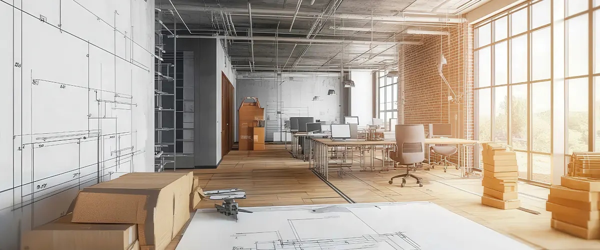 Architectural office interior with blueprints, drafting sketches, modern workstations, and natural light - creative workspace design.