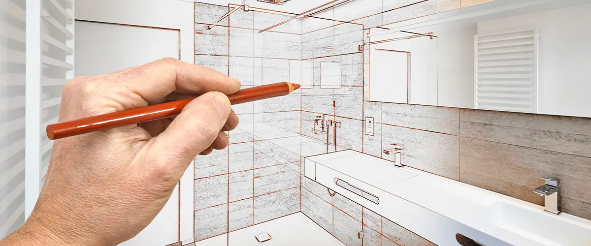 Hand sketching bathroom remodeling plan, modern shower and sink design - creative bathroom renovation concept.