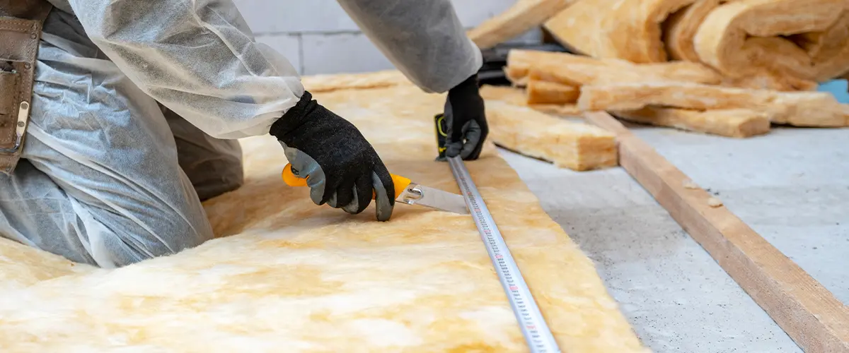 Worker cutting and measuring fiberglass insulation for installation, ensuring energy efficiency and proper home insulation.