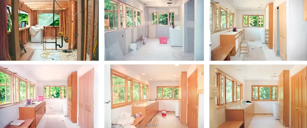 home addition building process with progressive construction stages, featuring custom cabinetry and window installation.